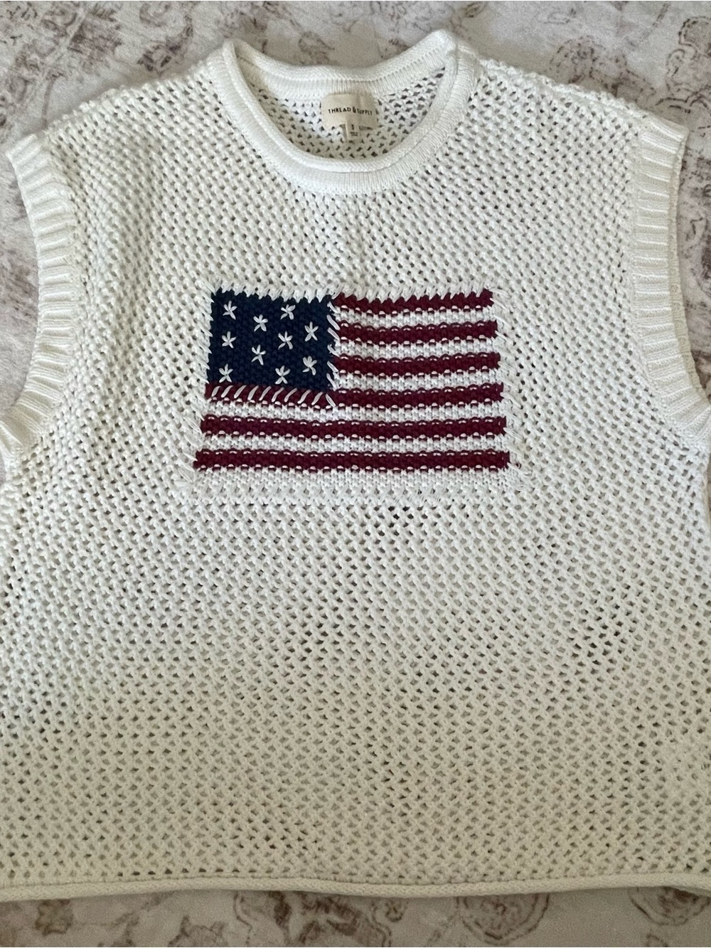 Sleeveless Knit Top with American Flag - White